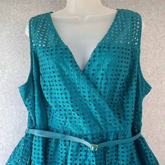 NWT Lane Bryant Eyelet Teal Blue Spring Dress Sleeveless, belt sz. 22 #AO - Picture 3 of 9